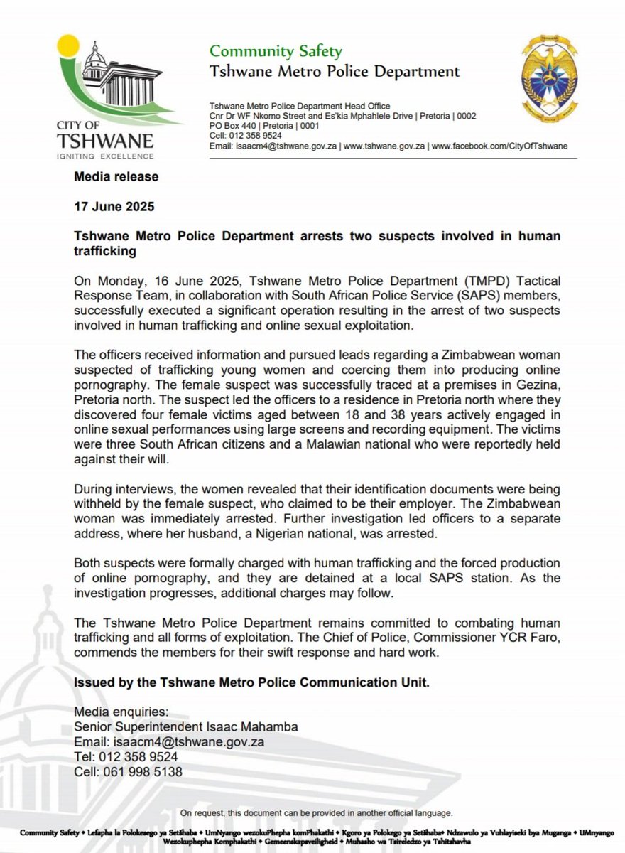Tshwane Metro Police Department arrests two suspects involved in human trafficking <a href="/TMPDSafety/">Tshwane Metro Police</a>