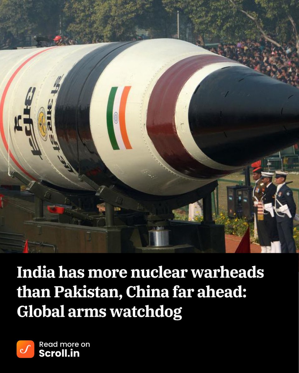 scroll_in's tweet photo. India is believed to have slightly expanded its nuclear arsenal in 2024 and continues to develop new types of nuclear delivery systems, SIPRI said.
Read more:
https://t.co/fv34NP5YBw
#nuclearwarhead https://t.co/rnX4ffgvSw