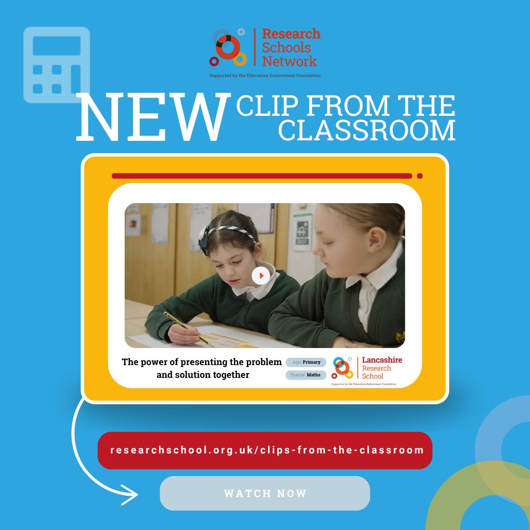 Research Schools Network (@rs_network) on Twitter photo ✨ #ClipsFromTheClassroom highlight ✨ 1/5
Our first clip comes from <a href="/LancashireRS/">LancsResearch</a>. They discuss the power of using worked examples in primary maths
Watch it and other maths videos now: researchschool.org.uk/clips-from-the… ✨ #ClipsFromTheClassroom highlight ✨ 1/5
Our first clip comes from <a href="/LancashireRS/">LancsResearch</a>. They discuss the power of using worked examples in primary maths
Watch it and other maths videos now: researchschool.org.uk/clips-from-the…