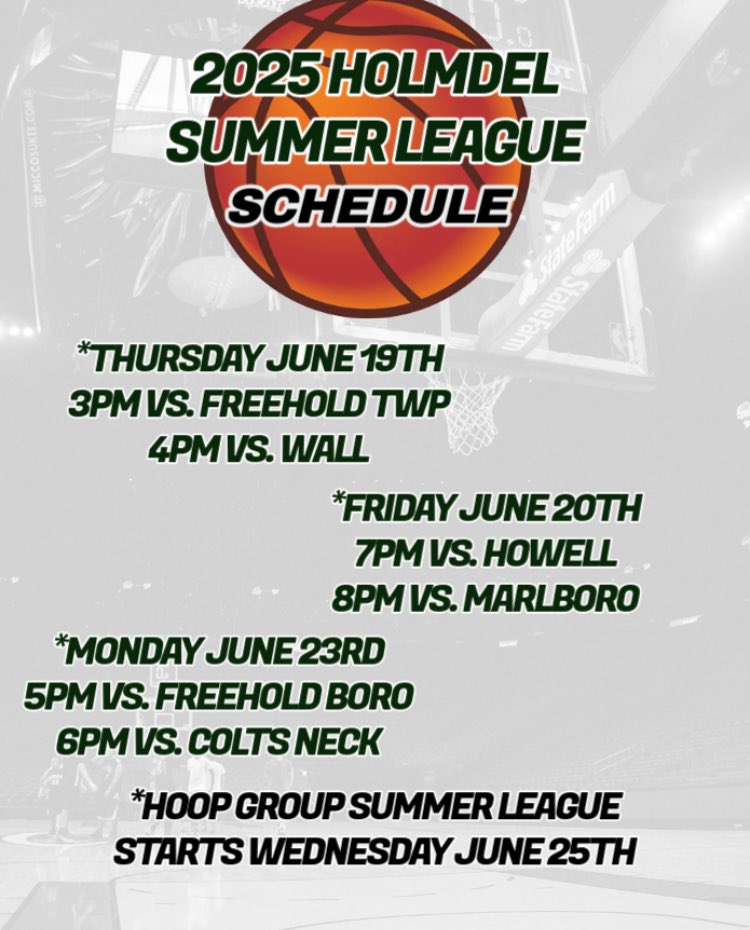 The start of our Summer starts this Thursday at Holmdel! Excited to get started,work hard and build up towards the season!

#RELENTLESS 🚀🏀

<a href="/RaritanAD/">T.J. O’Donnell</a> 
<a href="/RaritanHigh/">Raritan High School</a> 
<a href="/DrRidleyHazlet/">Scott Ridley</a> 
<a href="/HazletProud/">Hazlet Township Public Schools</a>