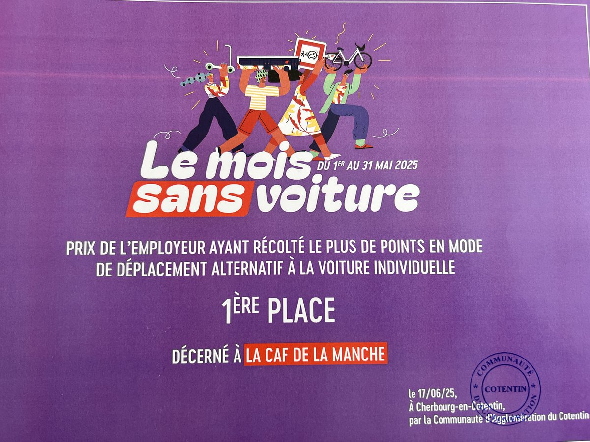 💪 Félicitations à nos agents de la Caf de Cherbourg-en-Cotentin, qui ont remporté la 1ère place au challenge "Le mois sans voiture" !! 🚌