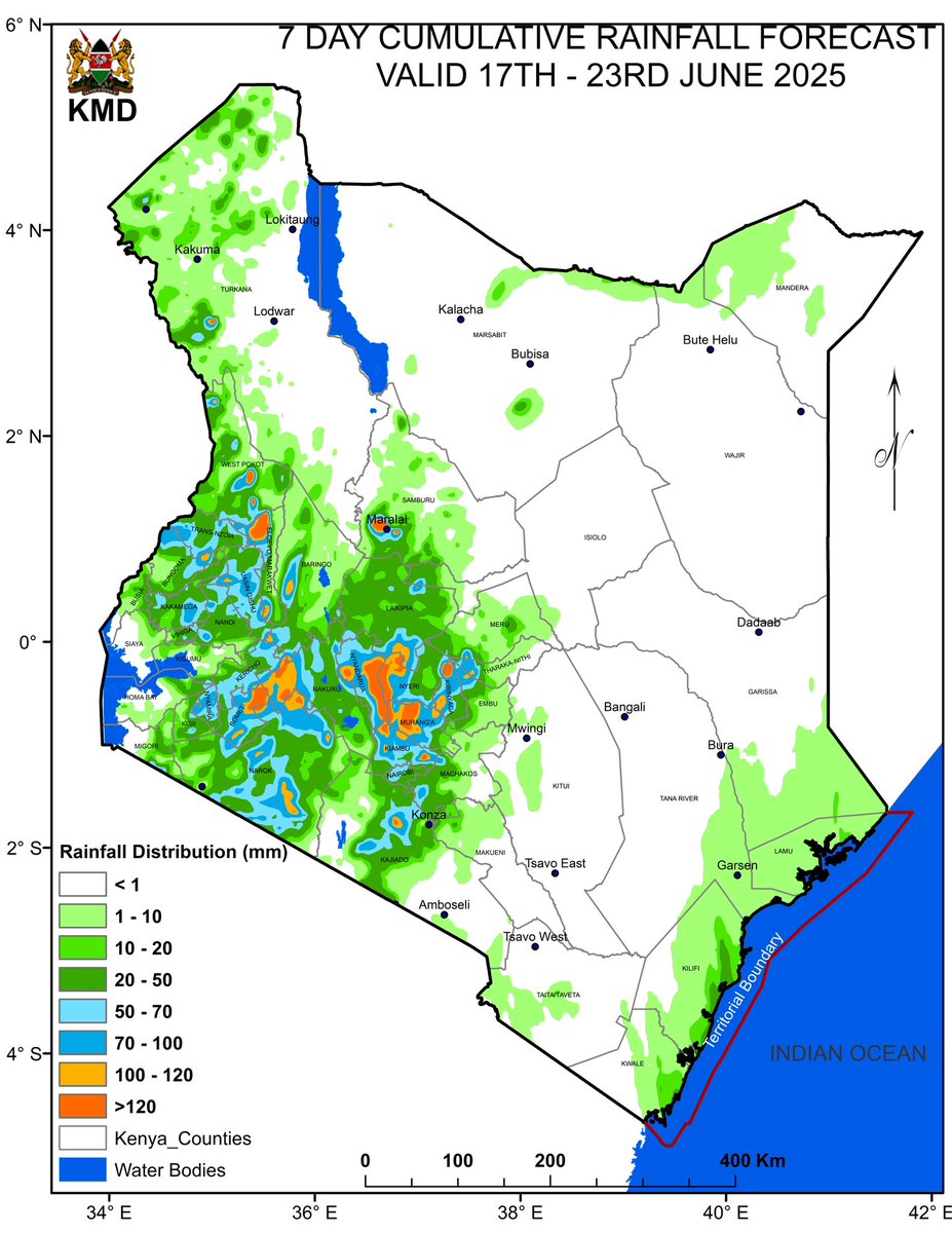 MeteoKenya's tweet photo. 🌦️ Weather Outlook: 17 – 23 June 2025

☔ Rainfall is likely over:
•Central Highlands
•Lake Victoria Basin
•Rift Valley
•Coast
•Western Kenya
•Some parts of the South-eastern Lowlands and North-western Kenya

🌡️ Daytime Temperatures!
Average daytime temperatures above 30°C are expected in much of North-eastern and North-western Kenya.

❄️ Chilly Nights in Some Areas
Average night-time temperatures below 10°C may occur in parts of the Central Highlands, Central Rift Valley, and around Mt. Kilimanjaro.

💨 Strong Winds Alert
Southerly to south-easterly winds exceeding 25 knots (12.86 m/s) are expected over:
•The Coast and Kenya’s territorial waters
•South-eastern lowlands
•North-eastern and North-western Kenya

✅ Stay Weather-Informed
📅 5-Day Forecast: https://t.co/ldeqa2qKkh
🌐 Visit: https://t.co/bUbIOGbrTT
📲 Join our WhatsApp Channel: https://t.co/hxKngV85ez
📡 Track rainfall & storms with FASTA-Ken: https://t.co/wqdkvDXR4E

📍 Kenya Meteorological Department
Dagoretti Corner, Ngong Road
📮 P.O. Box 30259-00100, Nairobi, Kenya
📞 +254 20 3867880-5 | +254 724 255154
📧 Email: director@meteo.go.ke

#KenyaWeather #WeeklyOutlook #MeteoKenya #RainfallUpdate #TemperatureAlert #StrongWinds #StaySafe 🌧️🌬️🌡️