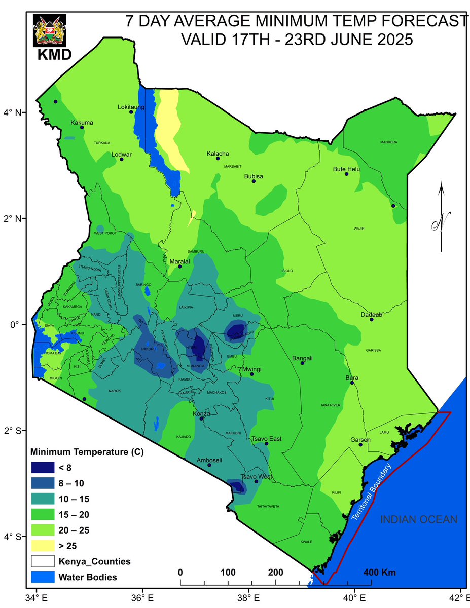 MeteoKenya's tweet photo. 🌦️ Weather Outlook: 17 – 23 June 2025

☔ Rainfall is likely over:
•Central Highlands
•Lake Victoria Basin
•Rift Valley
•Coast
•Western Kenya
•Some parts of the South-eastern Lowlands and North-western Kenya

🌡️ Daytime Temperatures!
Average daytime temperatures above 30°C are expected in much of North-eastern and North-western Kenya.

❄️ Chilly Nights in Some Areas
Average night-time temperatures below 10°C may occur in parts of the Central Highlands, Central Rift Valley, and around Mt. Kilimanjaro.

💨 Strong Winds Alert
Southerly to south-easterly winds exceeding 25 knots (12.86 m/s) are expected over:
•The Coast and Kenya’s territorial waters
•South-eastern lowlands
•North-eastern and North-western Kenya

✅ Stay Weather-Informed
📅 5-Day Forecast: https://t.co/ldeqa2qKkh
🌐 Visit: https://t.co/bUbIOGbrTT
📲 Join our WhatsApp Channel: https://t.co/hxKngV85ez
📡 Track rainfall & storms with FASTA-Ken: https://t.co/wqdkvDXR4E

📍 Kenya Meteorological Department
Dagoretti Corner, Ngong Road
📮 P.O. Box 30259-00100, Nairobi, Kenya
📞 +254 20 3867880-5 | +254 724 255154
📧 Email: director@meteo.go.ke

#KenyaWeather #WeeklyOutlook #MeteoKenya #RainfallUpdate #TemperatureAlert #StrongWinds #StaySafe 🌧️🌬️🌡️