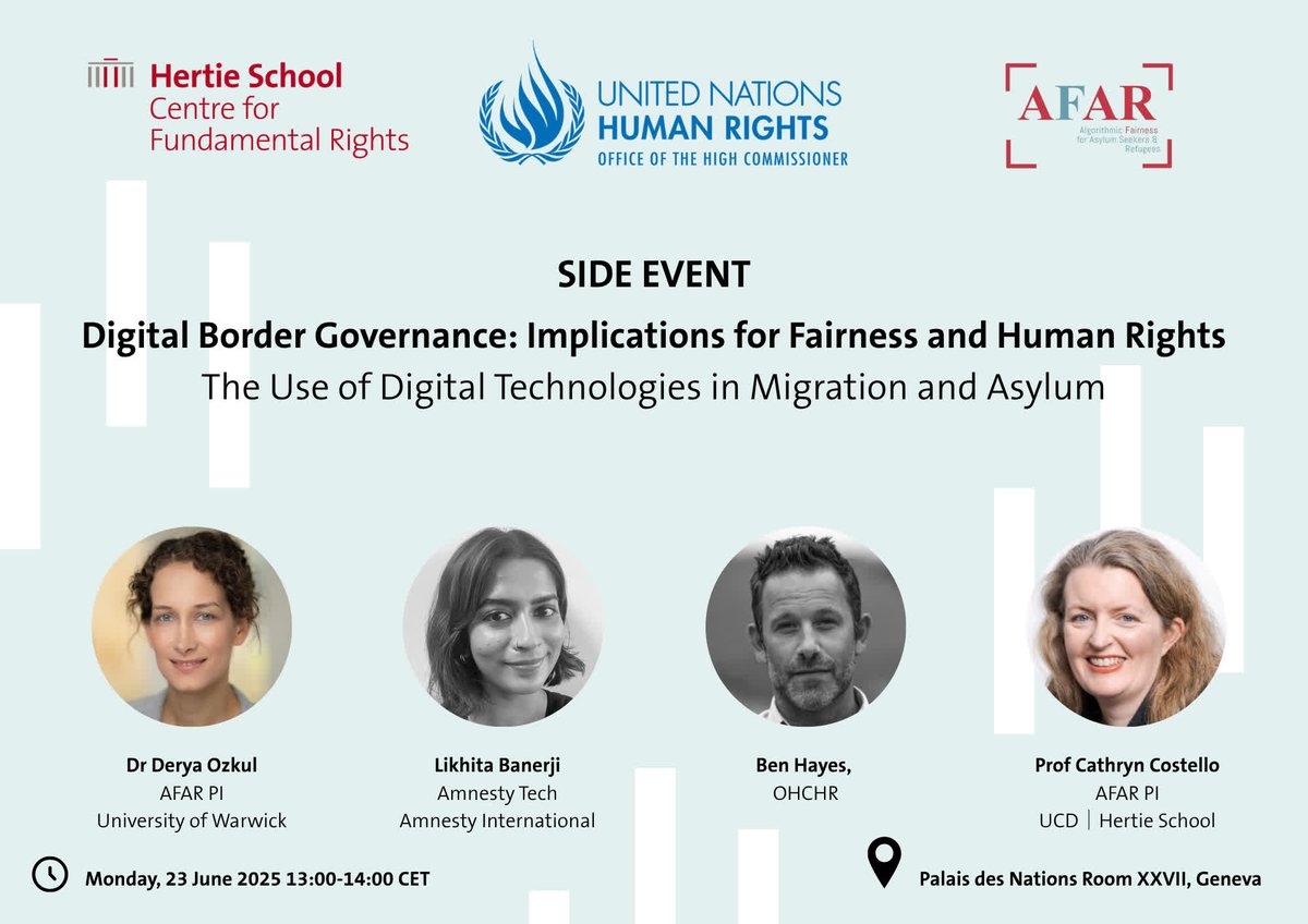 Join us on the sidelines of #HRC59 for an event co-hosted with <a href="/UNHumanRights/">UN Human Rights</a> in Geneva on 23 June.
This panel draws on the <a href="/AFARProject/">AFAR</a> and is informed by the 'Principles and Guidelines on human rights-based digital border governance'.
🔗tinyurl.com/2xdvk32j
