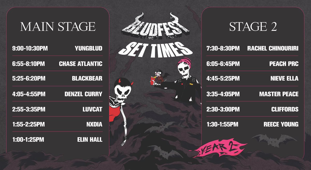 BLUDFEST SET TIMES! 🖤

Gates open from 12pm, please refer to the BLUDFEST map for dedicated entry lanes into the festival.

All ticket holders will receive tickets today, there are a limited number of tickets available at bludfest.com 🎫

We can't wait to see you 🔥🎸