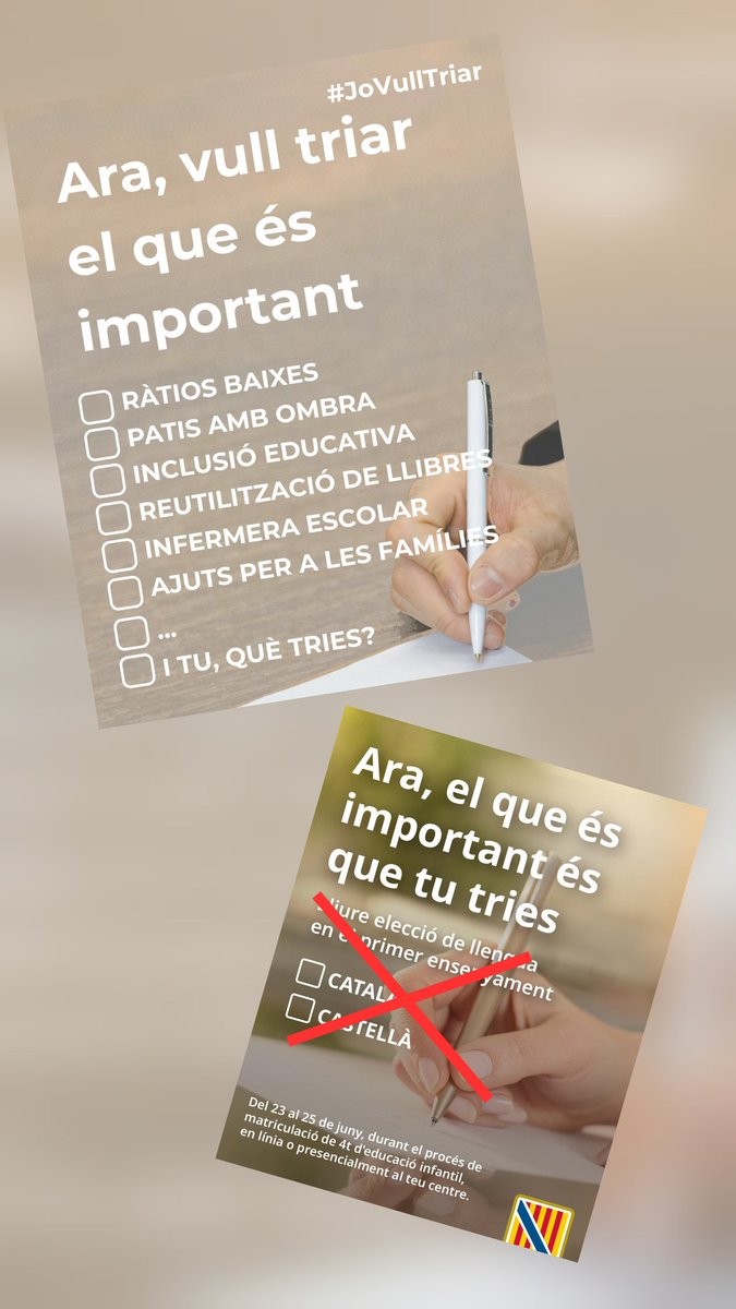 El que hem de fer és triar allò que és vertaderament important. 
#JoVullTriar 
✅️Ràtios baixes
✅️Patis amb ombra 
✅️Inclusió educativa 
✅️Reutilització de llibres 
✅️Infermera escolar 
✅️Ajuts per a les famílies 
I tu, què tries? 
#XarxaEducativaPerLaLlengua