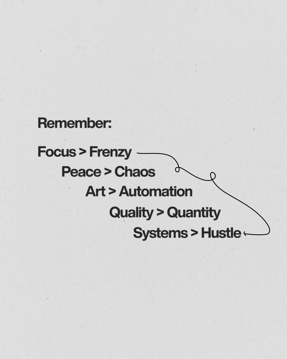 matt_gray_'s tweet image. Remember:

Focus &amp;gt; Frenzy
Peace &amp;gt; Chaos
Systems &amp;gt; Hustle
Art &amp;gt; Automation
Quality &amp;gt; Quantity