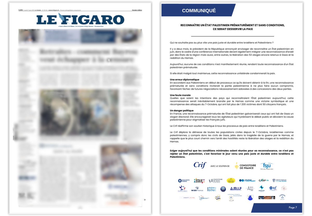 CRIF (@le_crif) on Twitter photo Le Crif et les associations partenaires publient aujourd’hui un communiqué dans <a href="/Le_Figaro/">Le Figaro</a> :
« Reconnaître un État palestinien sans garanties de sécurité pour Israël et sans exigences claires envers les dirigeants palestiniens, c’est récompenser l’impasse, renforcer les extrêmes Le Crif et les associations partenaires publient aujourd’hui un communiqué dans <a href="/Le_Figaro/">Le Figaro</a> :
« Reconnaître un État palestinien sans garanties de sécurité pour Israël et sans exigences claires envers les dirigeants palestiniens, c’est récompenser l’impasse, renforcer les extrêmes