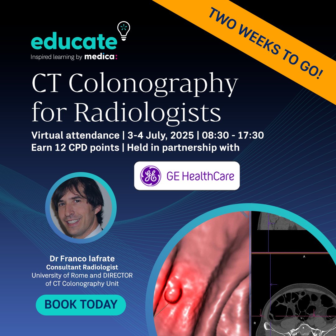 Just two weeks to go until our CT Colonography Course for Radiologists, delivered in partnership with GE Healthcare.

📅 3–4 July 2025 | 💻 Virtual attendance | 🎓 12 CPD Points

👉 Book now: educatebymedica.com/events/ct-colo…

#CTColon #GEHealthcare #EducateByMedica