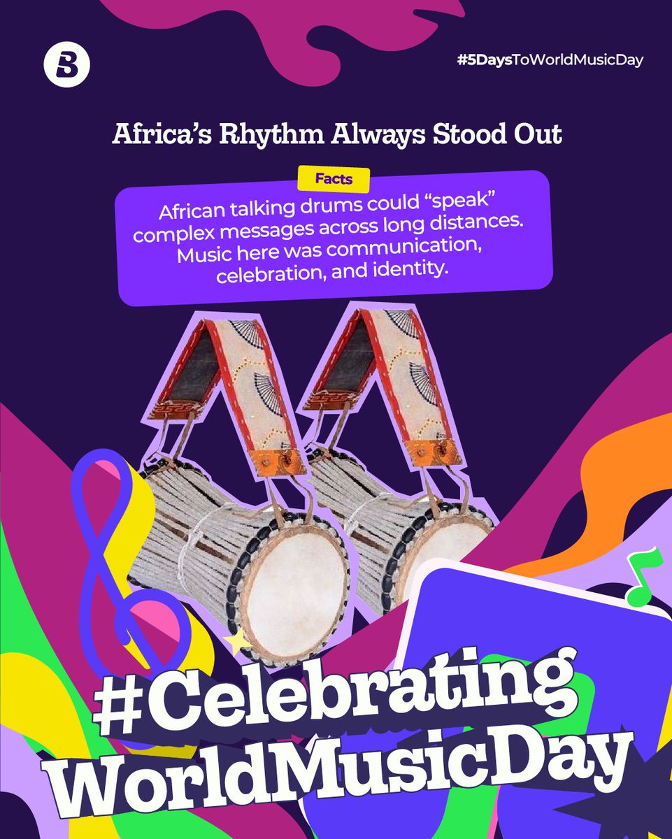 From Talking Drums to Trending Beats 🪘🎶
Long before radios, sound mixers or streaming, Africa had Drums that could talk...literally.
🎵From Bata to Djembe, Ekwe to Atumpan…
Every drum told a story, and every beat still carries it🖤🌍

#AfricaInEveryBeat  #4DaysToWorldMusicDay