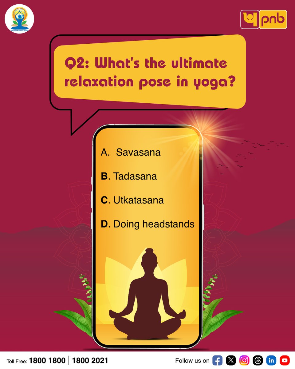 Punjab National Bank (@pnbindia) on Twitter photo This International Day of Yoga,
Ready to flex your brain as well as your body?
Comment with the correct answer using #HealthBhiWealthBhi
Remember to Follow, Like, Share and Tag 3 of your friends & <a href="/pnbindia/">Punjab National Bank</a>
#IDY2025 #Quiz #Yoga #InternationalYogaDay #ParticipateNow #PNB This International Day of Yoga,
Ready to flex your brain as well as your body?
Comment with the correct answer using #HealthBhiWealthBhi
Remember to Follow, Like, Share and Tag 3 of your friends & <a href="/pnbindia/">Punjab National Bank</a>
#IDY2025 #Quiz #Yoga #InternationalYogaDay #ParticipateNow #PNB