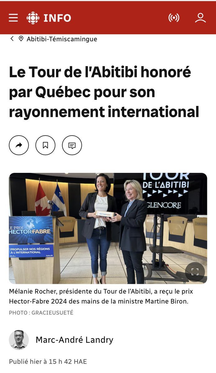 M_Biron's tweet image. J'ai remis le prix Hector-Fabre 2024 à la 54e et la 55e édition du Tour cycliste de l'Abitibi, dont la première édition du volet féminin se tiendra cet été. Félicitations pour cette initiative qui fait rayonner le Québec à l’international!
Communiqué 👇🏻
shorturl.at/8Saol
