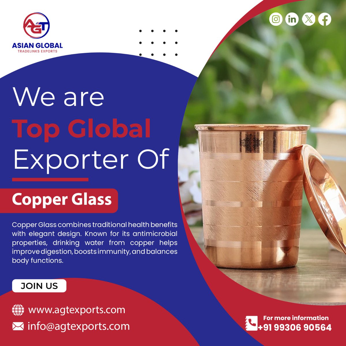 agtexport's tweet image. Discover Purity in Every Sip – Copper Glasses by Asian Global Tradelinks Exports
✉️ info@agtexports.com
📞 +91-9930690564
🌐 agtexports.com
#CopperGlass #Copperware #CopperUtensils #CopperHealth #AsianGlobalTradelinks #AGTExports #GlobalCopperExporter #madeinindia
