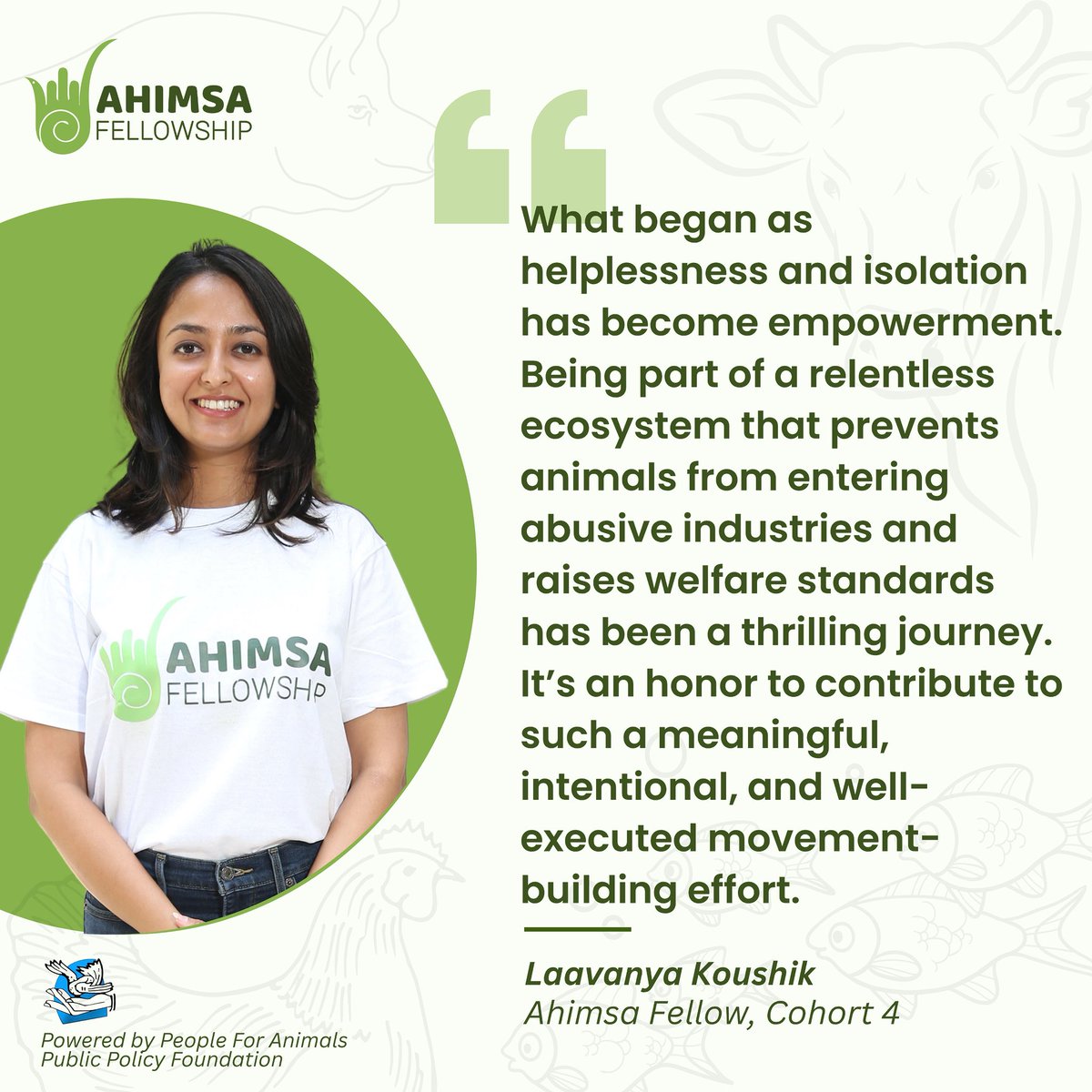 Laavanya came in as a vegan, rescuer, and lawyer—her peers called her ‘Mary Poppins with Rescue Wings.’

Through the Fellowship, she found clarity &amp; tools to act with impact.

Learn to use your strengths for impactful animal advocacy. 

Apply for Cohort 5: ahimsafellowship.org