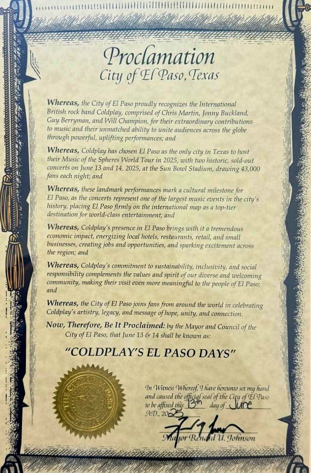 CONGRATULATIONS <a href="/coldplay/">Coldplay</a> 🎉

NEWS • Coldplay were presented with the key to the city for bringing their record breaking world tour to El Paso

And future June 13 &amp; 14ths have officially been proclaimed as ‘COLDPLAY EL PASO DAY’S”