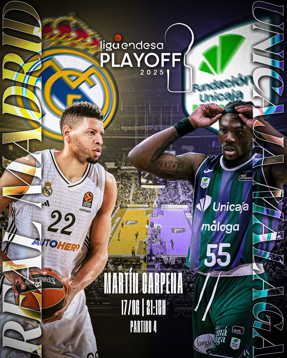 studio_kage's tweet photo. 🟩🟪 UNICAJA - REAL MADRID ⬜️⬜️

El conjunto malagueño buscará el quinto partido a toda costa, mientras que el Real Madrid está solo a un paso de la final.

#unicaja #realmadrid #perry #tavares #acb #basket #photoshop #design #poster #fyp #parati #playoffs https://t.co/L6UeEJsB9K