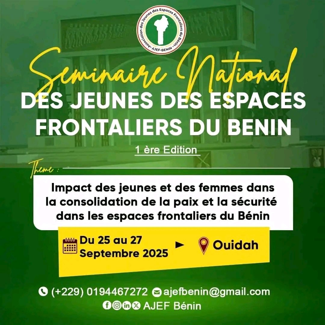 AJEFBenin's tweet photo. Les jeunes des 36 communes frontalières du Bénin se réuniront lors du séminaire national des jeunes des espaces frontaliers en septembre prochain, une initiative portée par l'AJEF Bénin.
Êtes-vous un expert en paix et sécurité ?  
Pour un partenariat  :  https://t.co/Jz3u2m8oJ8 https://t.co/BJejt8Dtxx