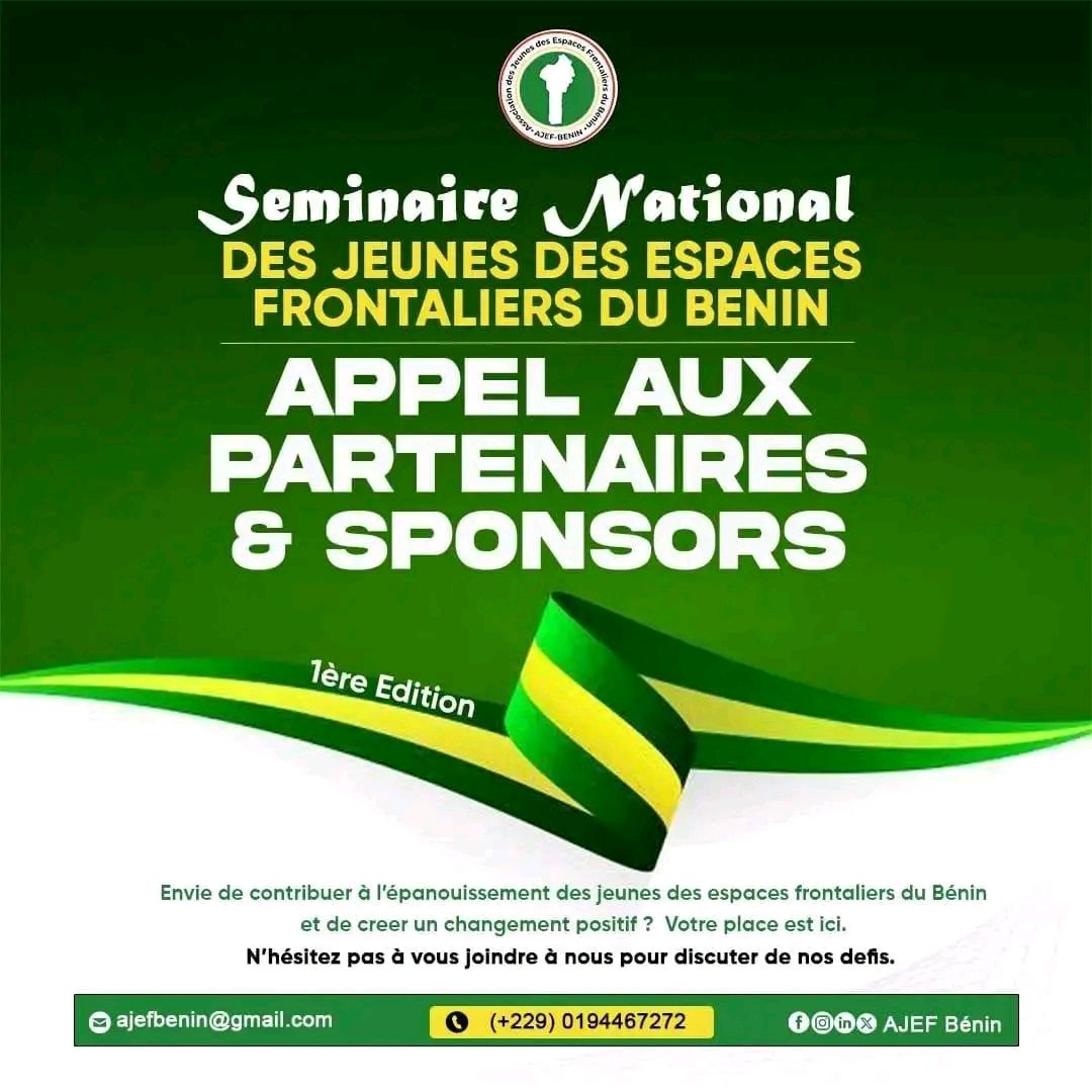 AJEFBenin's tweet photo. Les jeunes des 36 communes frontalières du Bénin se réuniront lors du séminaire national des jeunes des espaces frontaliers en septembre prochain, une initiative portée par l'AJEF Bénin.
Êtes-vous un expert en paix et sécurité ?  
Pour un partenariat  :  https://t.co/Jz3u2m8oJ8 https://t.co/BJejt8Dtxx