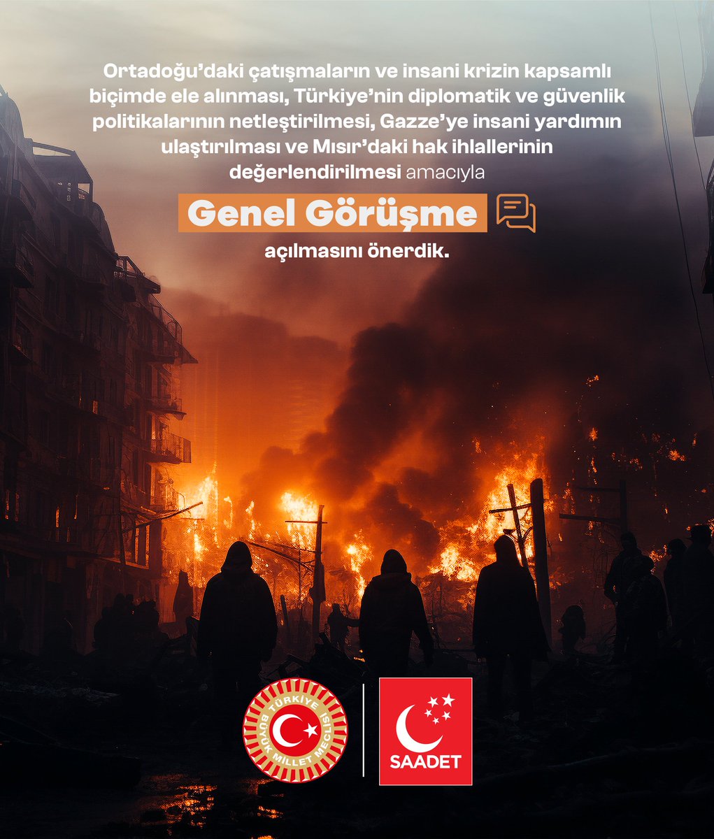 Ortadoğu’daki çatışmaların ve insani krizin kapsamlı biçimde ele alınması, Türkiye’nin diplomatik ve güvenlik politikalarının netleştirilmesi, Gazze’ye insani yardımın ulaştırılması ve Mısır’daki hak ihlallerinin değerlendirilmesi amacıyla Genel Görüşme açılmasını önerdik.