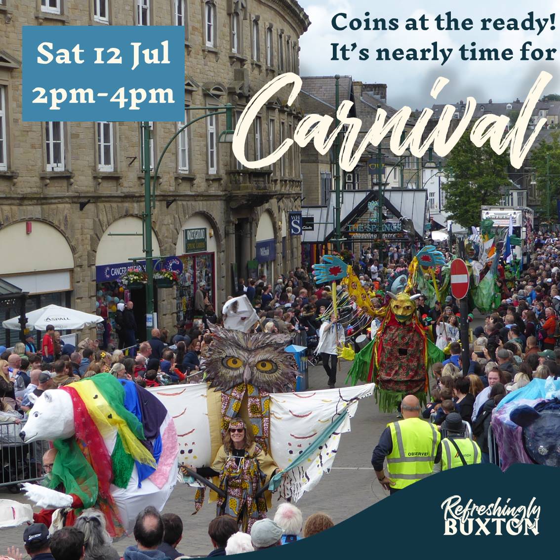 It’s nearly #BuxtonCarnival Day!

Coins at the ready!

📅 Sat 12 Jul
🕢 Parade 2pm-4pm
📍 Throughout the town

Find out more at visitbuxton.co.uk/festivals/buxt…

#WhatsOnBuxton #BuxtonFestival #Buxton2025 #Buxton #HighPeak #PeakDistrict #Derbyshire #welldressing #carnival #carnivalday