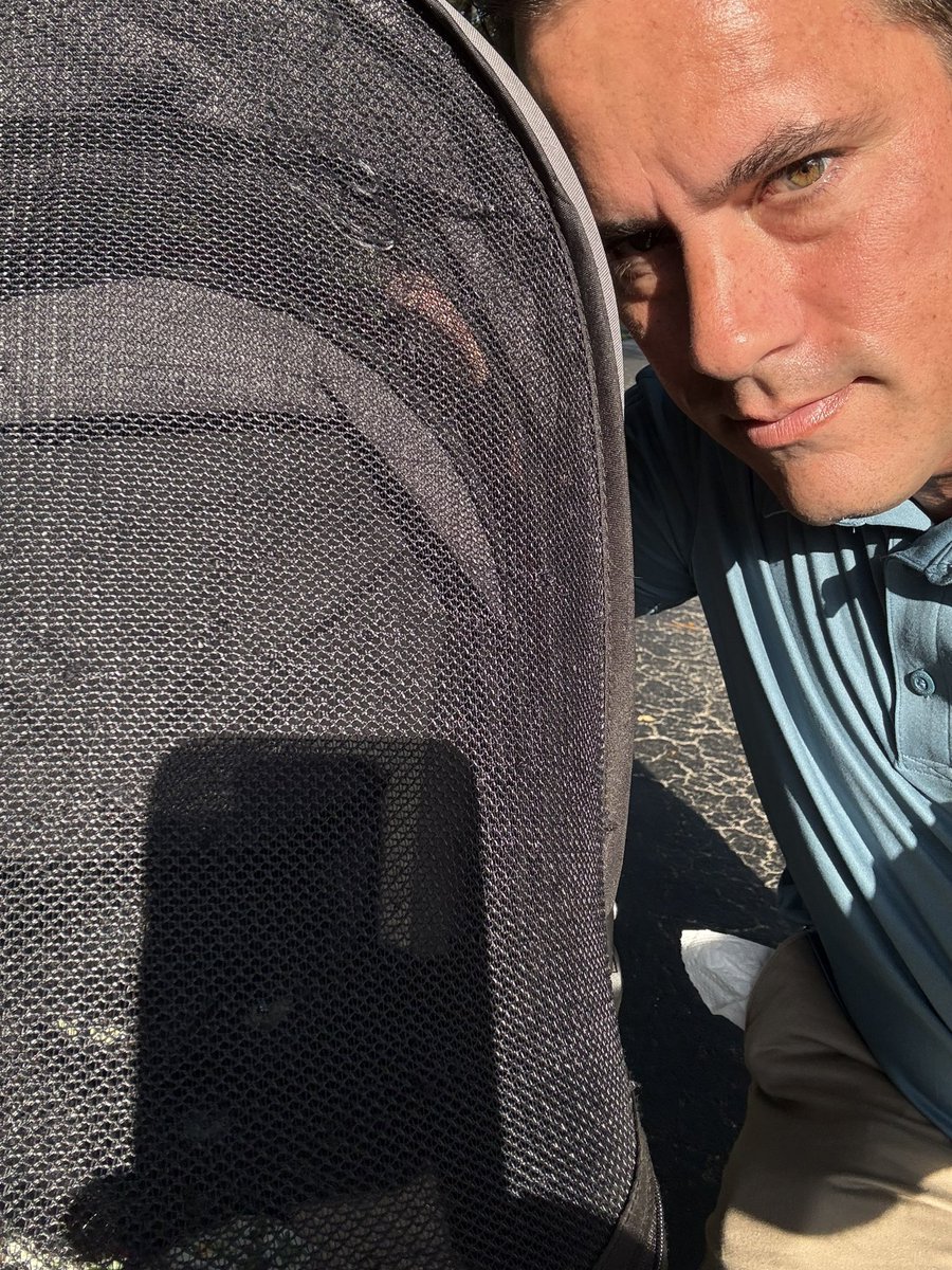 Elderly man walks cat in stroller, 2025