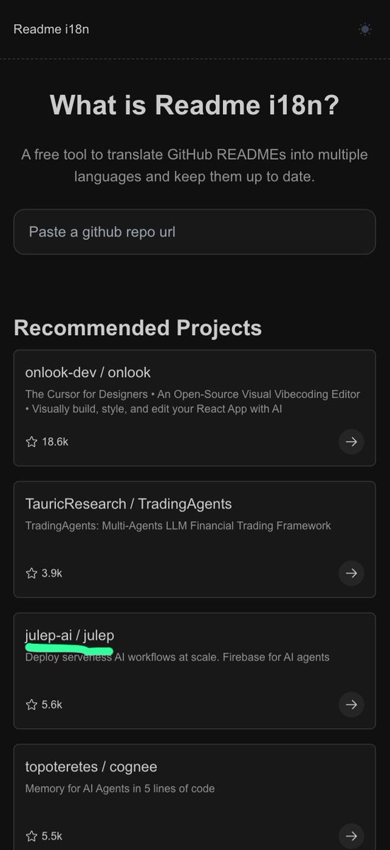 julep_ai's tweet image. after 5.6k stars on @github, we are now trending on Readme i18n! 🚀