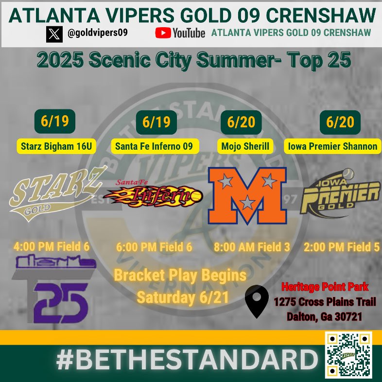 After a top 3 finish at Top Gun, we are jumping right back into a loaded tournament!

Come check us out at the Scenic City Top 25 beginning Thursday in Dalton, GA!

🐍🐍

#represent
#BeTheStandard