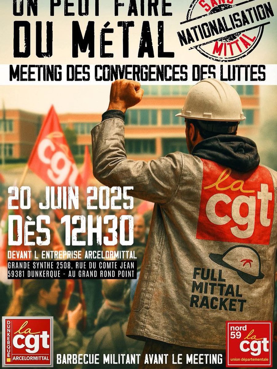 Du métal sans Mittal ! La #CGT Educ’Action participe au rassemblement à Dunkerque à 12h30 le 20 juin, pour exiger la sauvegarde des emplois et la nationalisation de l’entreprise. RDV devant les bureaux d’Arcelor Dunkerque ! Un BBQ revendicatif précédera le meeting à 13h30.