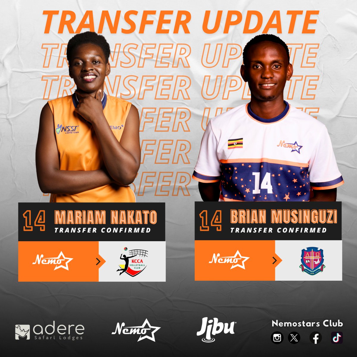 nemostarsclub's tweet photo. Transfer alert 🚨: Two more ninjas are heading out to KCCA &amp; UCU .. Mariam, known for her gameplay aggression and spirited fight on the offense, and Brian "Young C", our youngest minister of defence (libero). Adios amigos. See you soon on the battlefield 🔥🎊
#NemostarsVolleyball https://t.co/iLqgkoEzbN