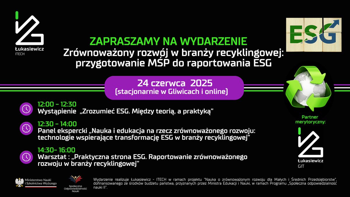 LukasiewiczGIT's tweet image. 📢Wydarzenie ESG już 24.06 w
@LukasiewiczGIT
! Temat: Zrównoważony rozwój i raportowanie ESG w branży recyklingowej 📷Eksperci | Panel | Warsztaty 📷forms.office.com/e/HtXwqKwjeG 

#esg #zrównoważonyrozwój #recykling #mśp #csrd #transformacjaesg #raportowanieesg