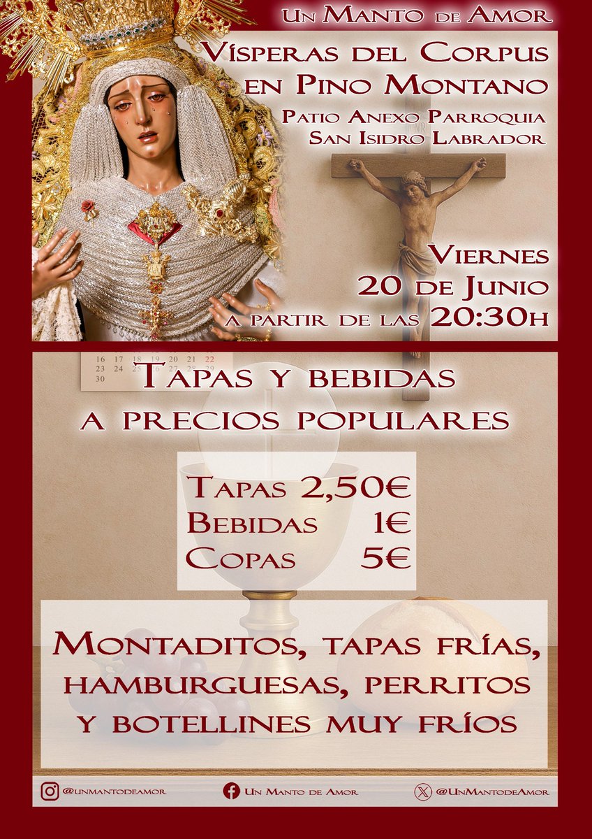 UnMantodeAmor's tweet photo. ℹ️ El próximo Viernes 20 de Junio a partir de las 20:30h abriremos la barra de la hermandad en las Vísperas del Corpus de la Parroquia 

Tendremos bebidas a 1€ (botellines helados) y tapas a 2'5€

Os esperamos! 😊

#ProyectodeAmor #PinoMontano #UnMantodeAmor
#AmorenNazaret https://t.co/mMihjxcMP3