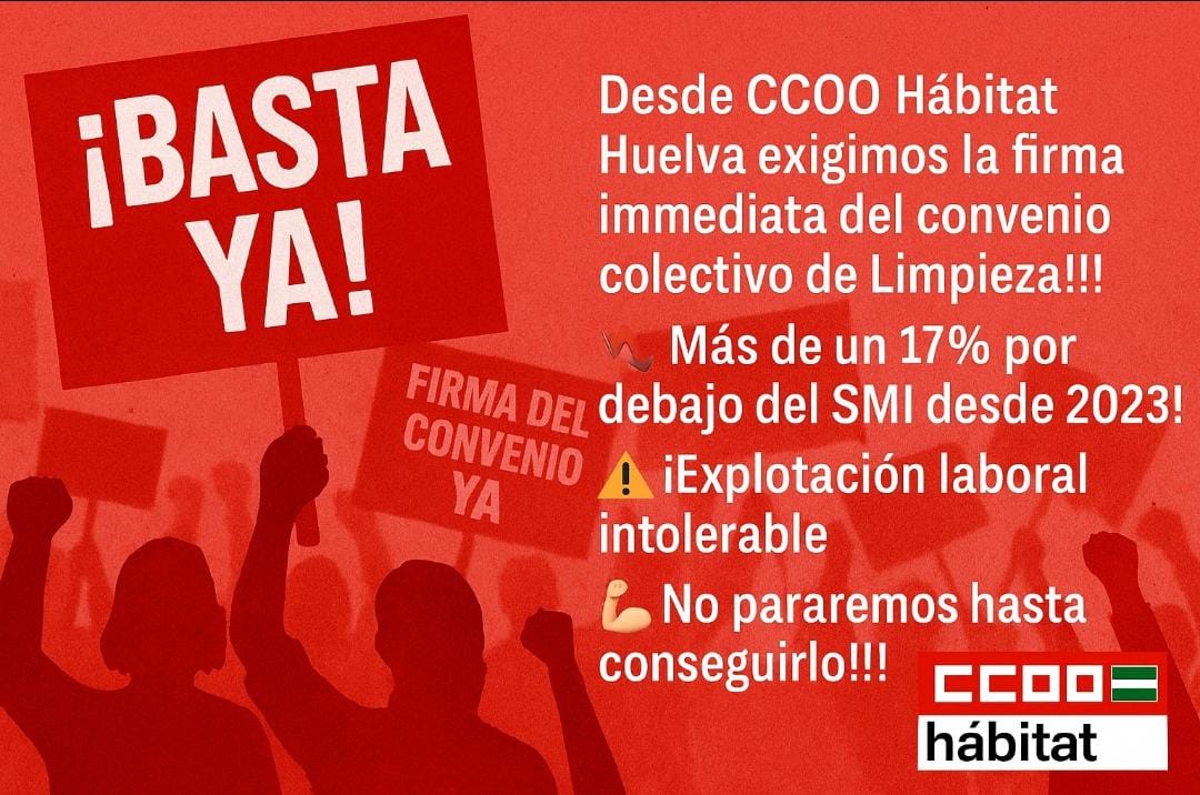 📢 Desde CCOO Hábitat Huelva
¡Exigimos YA el convenio colectivo de Limpieza!
💥 Más de un 17% por debajo del SMI desde 2023: ¡INACEPTABLE!
✊ Sueldos dignos y condiciones justas.
¡No pararemos hasta lograrlo!

tintonoticias.com/las-limpiadora…

<a href="/CCOOHabitat_AN/">CCOO del Hábitat de Andalucía</a>
<a href="/foehuelva/">FOE</a>