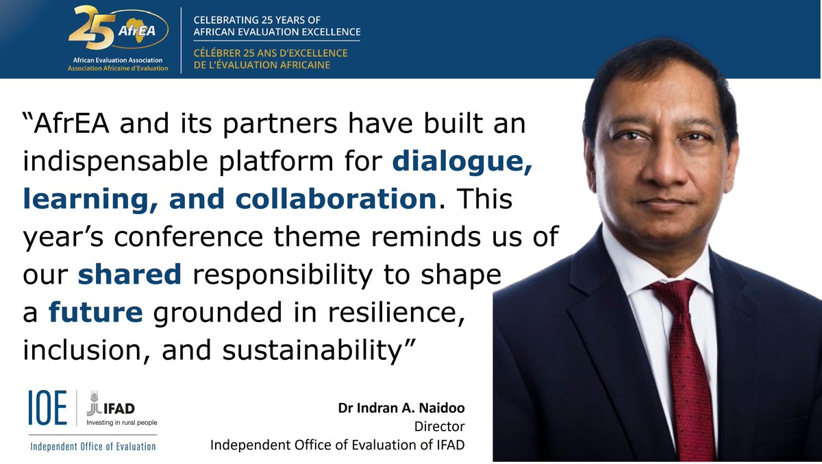 IFAD Evaluation (@ifadeval) on Twitter photo “AfrEA and its partners have built an indispensable platform for dialogue, learning, and collaboration. This year’s conference theme reminds us of our shared responsibility to shape a future grounded in resilience, inclusion, and sustainability” - Dr <a href="/Indran_Eval/">Dr. Indran A Naidoo</a>, #AfrEA25. “AfrEA and its partners have built an indispensable platform for dialogue, learning, and collaboration. This year’s conference theme reminds us of our shared responsibility to shape a future grounded in resilience, inclusion, and sustainability” - Dr <a href="/Indran_Eval/">Dr. Indran A Naidoo</a>, #AfrEA25.