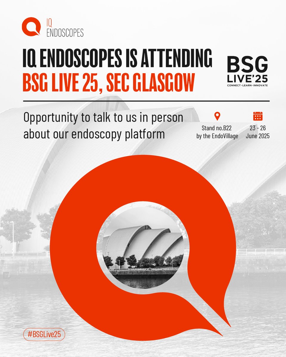 Less than a week to go until #BSGLIVE25. 

Join the IQ Endoscopes team in Glasgow on 23-26 June for a closer look at our sustainable GI platform, designed and built in Great Britain. 

To attend the event in-person or virtually, visit: live.bsg.org.uk