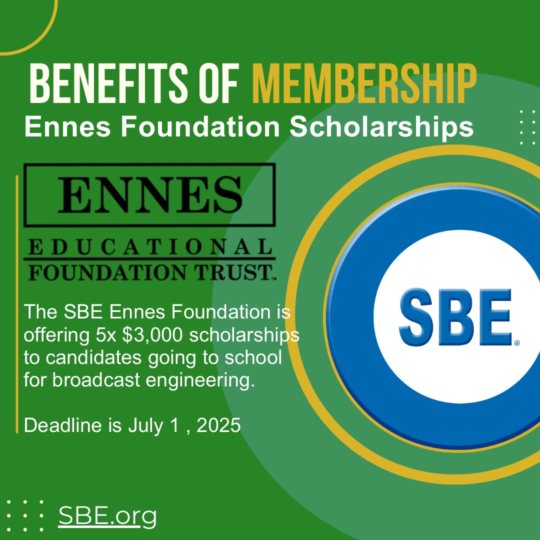 SBE Scholarships are available, apply by July 1 2025 sbe.org/ennes-scholars…

#BroadcastEngineering
#BroadcastTech
#Broadcasting
#RadioTech
#TVTech