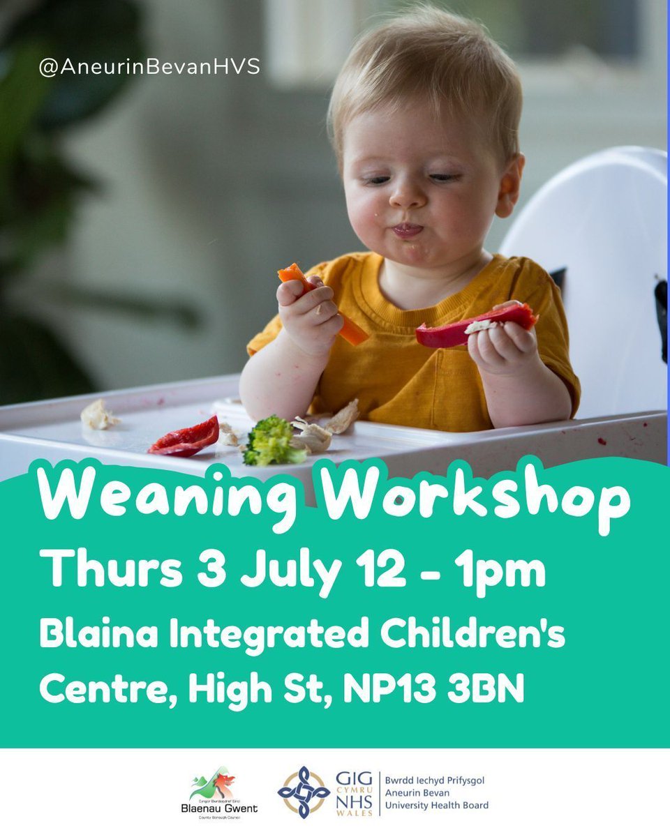 Would you like to know more about weaning? Come along to our #BlaenauGwent weaning workshop, suitable for those caring for babies aged between 16-28 weeks! 

Thurs 3 July, 12 - 1pm, 
Blaina ICC, High St, Blaina, NP13 3BN
Sign up here: buff.ly/3KctDCv