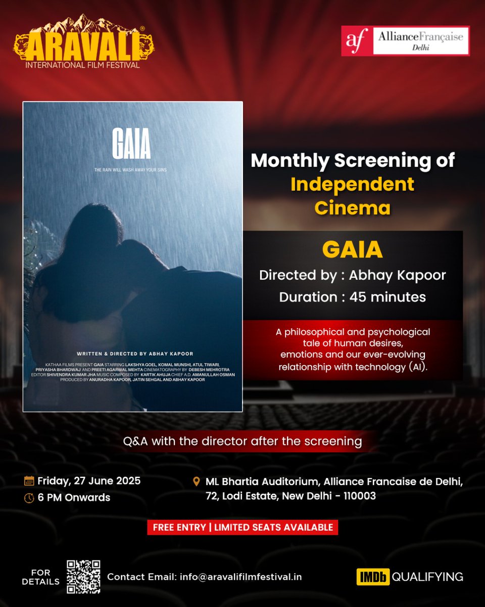 Join us for the Monthly Screening of Independent Cinema. Be a part of the screening hosted by the Aravali International Film Festival in collaboration with Alliance Francaise de Delhi.

🎬GAIA  
Directed by Abhay Kapoor
Duration: 45 minutes

🗓️ Friday, 27 June 2025
⌚ 6 PM