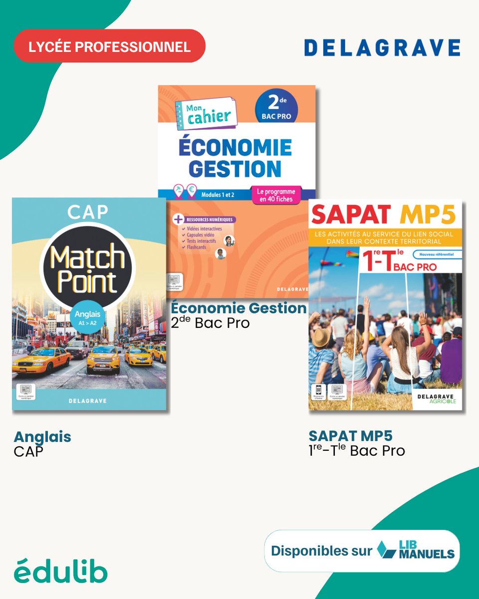 EdulibFR's tweet photo. ✨ Nouveaux manuels numériques Delagrave 2025 pour le lycée pro !

📘 Maths, Physique-Chimie, PSE, Anglais, Éco-Gestion, SAPAT MP5

📖 À tester sur : https://t.co/0As2Y3aVg6
📘 Catalogue 2025 : https://t.co/QPPEbTHmSf

#LycéePro #Rentrée2025 #Edulib https://t.co/dEQXYjWadT