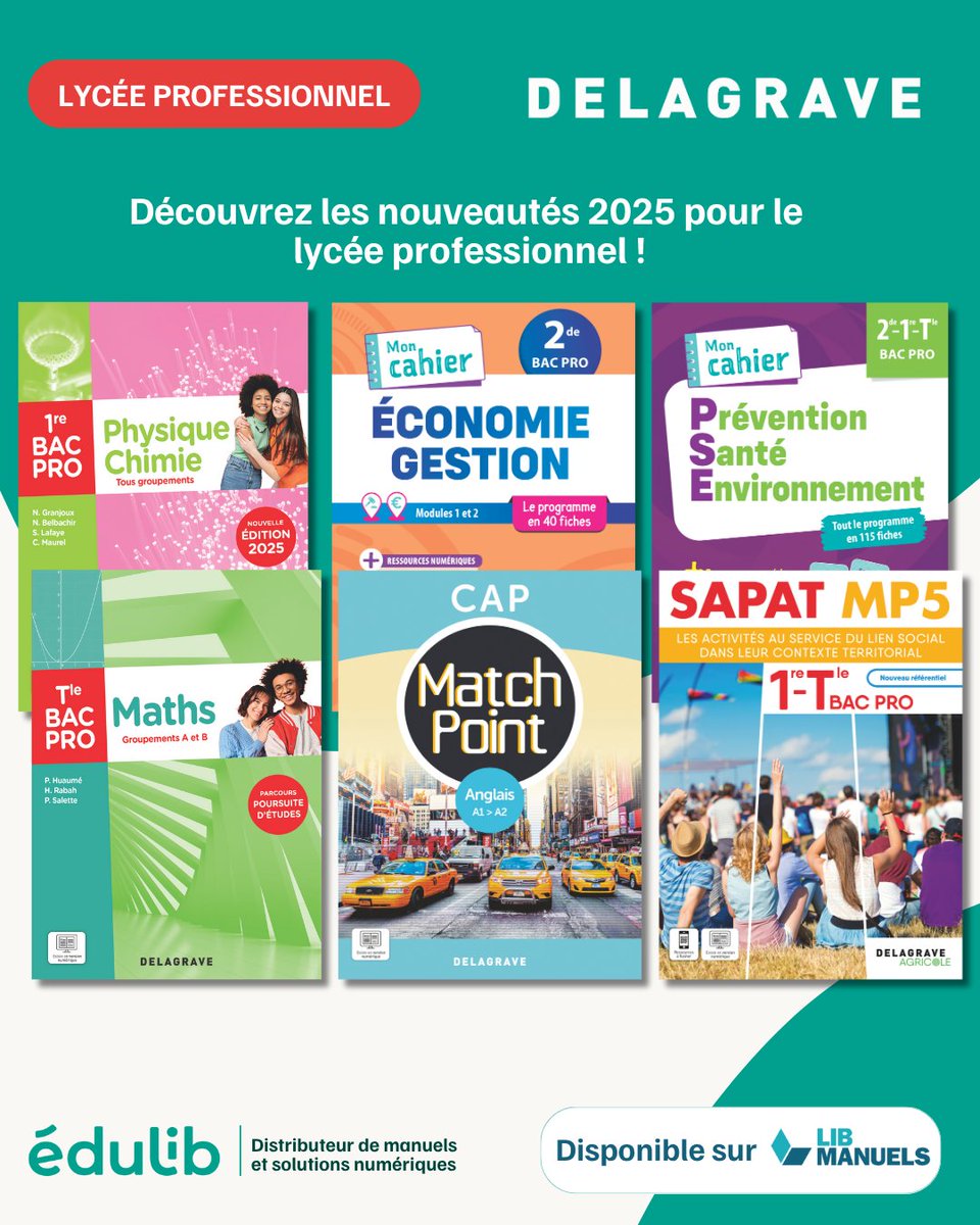 EdulibFR's tweet photo. ✨ Nouveaux manuels numériques Delagrave 2025 pour le lycée pro !

📘 Maths, Physique-Chimie, PSE, Anglais, Éco-Gestion, SAPAT MP5

📖 À tester sur : https://t.co/0As2Y3aVg6
📘 Catalogue 2025 : https://t.co/QPPEbTHmSf

#LycéePro #Rentrée2025 #Edulib https://t.co/dEQXYjWadT