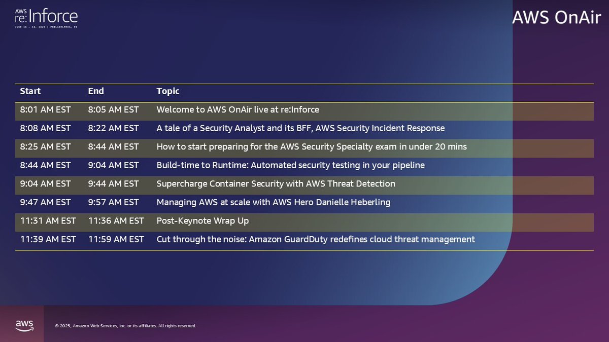 In case you want to know our morning schedule today for AWS OnAir: https://twitchtv/awsonair, check it out below. We're live from 8am - 5:30pm eastern time today from #AWSreInforce!