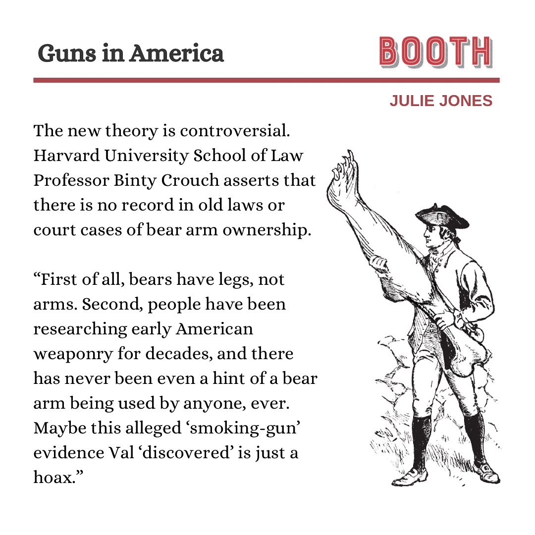 BOOTH—Submissions Now Open! (@boothajournal) on Twitter photo Read "Guns in America," new fiction by Julie Jones, at booth.butler.edu now! "Fifteen years after a blockbuster Supreme Court decision, Professor Val Gorsome claims to have discovered the truth about the right to bear arms . . . ."
#fiction #writingcommunity <a href="/juliemjones/">julie jones</a> Read "Guns in America," new fiction by Julie Jones, at booth.butler.edu now! "Fifteen years after a blockbuster Supreme Court decision, Professor Val Gorsome claims to have discovered the truth about the right to bear arms . . . ."
#fiction #writingcommunity <a href="/juliemjones/">julie jones</a>
