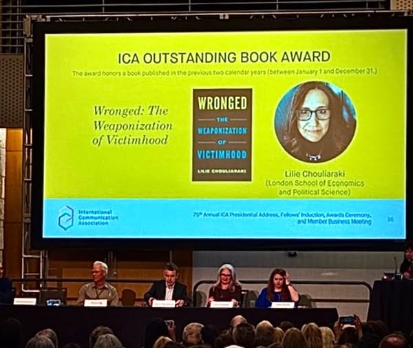 MediaLSE's tweet image. Huge congratulations to @chouliaraki_l on receiving the @icahdq's Outstanding Book Award for her book Wronged: The Weaponization of Victimhood @ #ICA25 this past weekend.
Find out more about her research on #socialmedia, #farright populism & #victimhood: lse.ac.uk/research/resea…