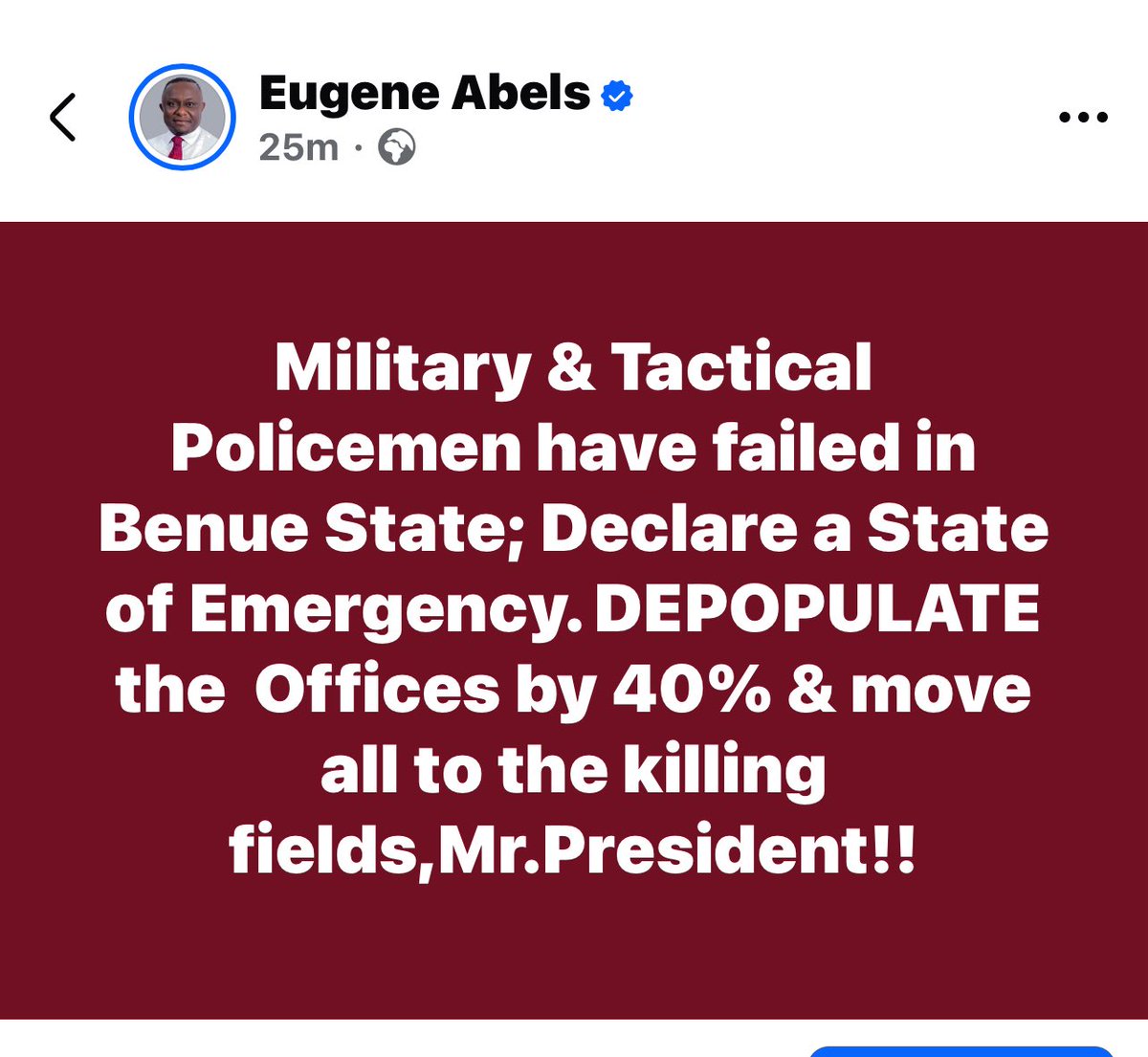 #benue  #BenueIsBleeding  #BenueCrisis  #BenueUnderAttack  <a href="/officialABAT/">Bola Ahmed Tinubu</a>  <a href="/DHQNigeria/">DEFENCE HQ NIGERIA</a>  <a href="/PoliceNG/">Nigeria Police Force</a> <a href="/nassnigeria/">National Assembly</a> <a href="/NigeriaSenate/">The Nigerian Senate</a> <a href="/HouseNGR/">Nigeria House of Representatives</a> <a href="/NigeriaInfoAbj/">NigeriaInfoFMAbuja</a> <a href="/NigeriainfoFM/">Nigeria Info FM 99.3</a> <a href="/NigeriaInfoPH/">NigeriaInfoPH</a>