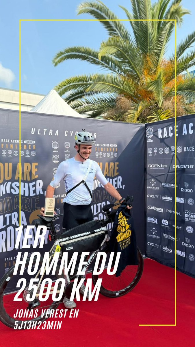 #MandelieuSportParNature
Quelle démonstration de force de Jonas Verest vainqueur sur la distance reine de 2600km de la Race Across France en 5 jours, 13 h et 23 minutes et + de 30.000 m. de dénivelé positif.
&gt;&gt; Arrivée de tous ces champions au Centre Expo Congrès jusqu'au 21/06.
