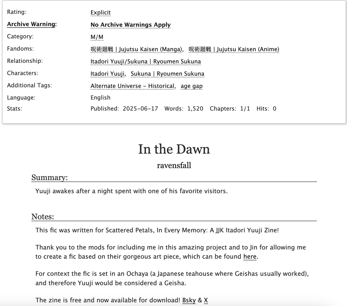 ravensfall_'s tweet photo. Written for @ineverymemory in collab with @JinRozenrot 

In The Dawn
🍵 Sukuna/Yuuji
🍵 Rated: E (NSFW)
🍵 Historical AU, Age Gap

#sukuita #skit
The zine is filled of amazing work, free &amp; available for download now!!

ao3 &amp; Jin's art linked below! https://t.co/PngDfA0lIW