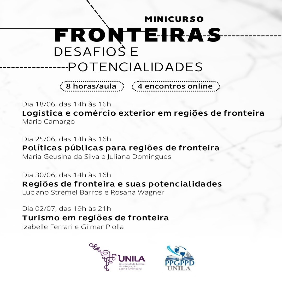 ALACIP (@alacip_oficial) on Twitter photo Minicurso gratuito online "Fronteiras: Desafios e Potencialidades" – Programa de Pós-graduação em Políticas Públicas e Desenvolvimento da Universidade Federal da Integração Latino-americana (UNILA)
+Info: alacip.org/?p=49508 Minicurso gratuito online "Fronteiras: Desafios e Potencialidades" – Programa de Pós-graduação em Políticas Públicas e Desenvolvimento da Universidade Federal da Integração Latino-americana (UNILA)
+Info: alacip.org/?p=49508