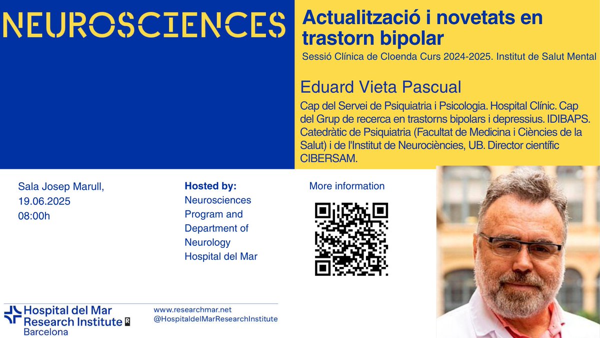 HMar Research Institute (@hmar_research) on Twitter photo Seminari #Neurociències <a href="/hospitaldelmar/">Hospital del Mar</a> - <a href="/HMar_research/">HMar Research Institute</a>
📅 Dijous 19 de juny 🕗 08:00 h 📍Sala Josep Marull
🗣️ Dr. Eduard Vieta <a href="/hospitalclinic/">Hospital Clínic</a> <a href="/idibaps/">IDIBAPS</a>
🎯 Actualització i novetats en trastorn bipolar
👉researchmar.net/agenda/963 Seminari #Neurociències <a href="/hospitaldelmar/">Hospital del Mar</a> - <a href="/HMar_research/">HMar Research Institute</a>
📅 Dijous 19 de juny 🕗 08:00 h 📍Sala Josep Marull
🗣️ Dr. Eduard Vieta <a href="/hospitalclinic/">Hospital Clínic</a> <a href="/idibaps/">IDIBAPS</a>
🎯 Actualització i novetats en trastorn bipolar
👉researchmar.net/agenda/963