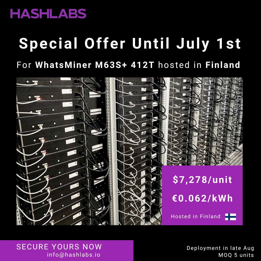 We have some highly efficient WhatsMiner M63S+ machines in stock for mining in Finland.

🏎 412 TH/s - Extreme power
📈 17 J/T - High efficiency
🦾 Solid and durable

Contact us through our website to make an order: hashlabs.io/hosting/finland