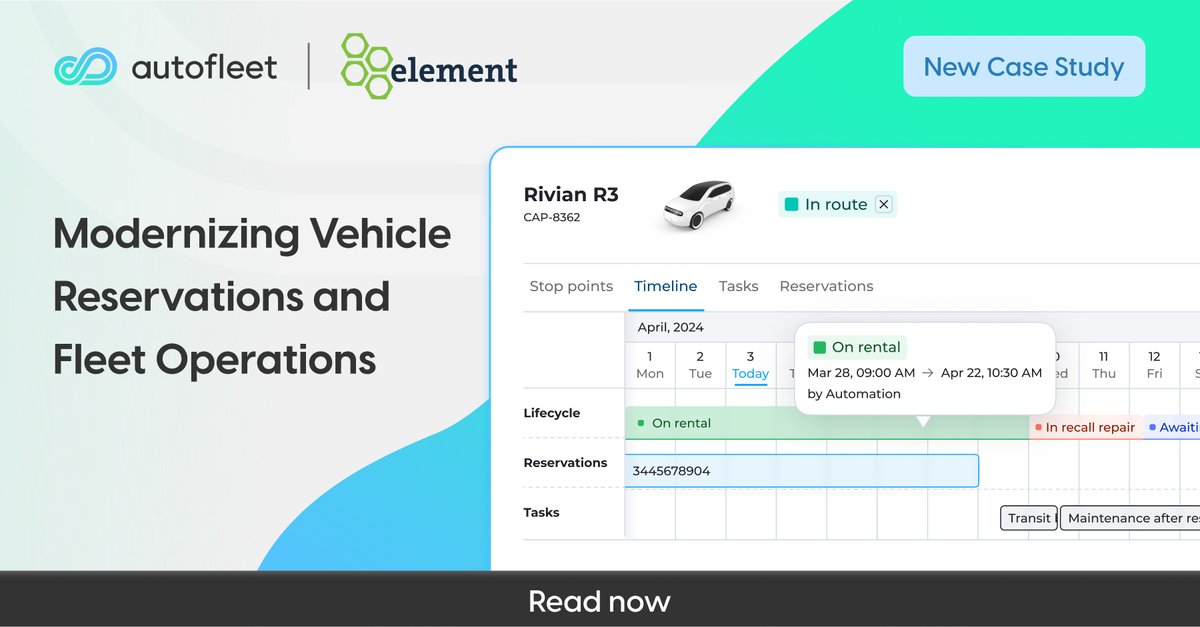 NEW CASE STUDY
Element Fleet Management Last Mile Rental is proof that you can launch a modern fleet management system in under 5 months with Autofleet!

Including:
🔄 Automated workflows replacing manual processes
📊 Custom dashboards for continuous monitoring
📱 Mobile solution