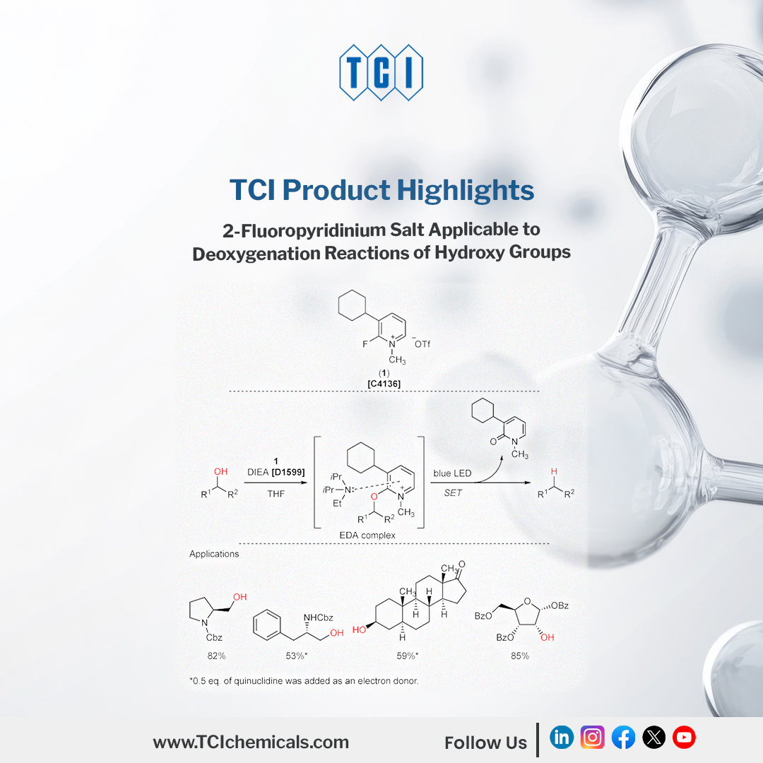 3-Cyclohexyl-2-fluoro-1-methylpyridin-1-ium trifluoromethanesulfonate is a reagent used in the deoxygenation of alcohols. It enables selective deoxygenation via a radical pathway using visible light by forming an electron donor–acceptor (EDA) complex with an alcohol and a base.